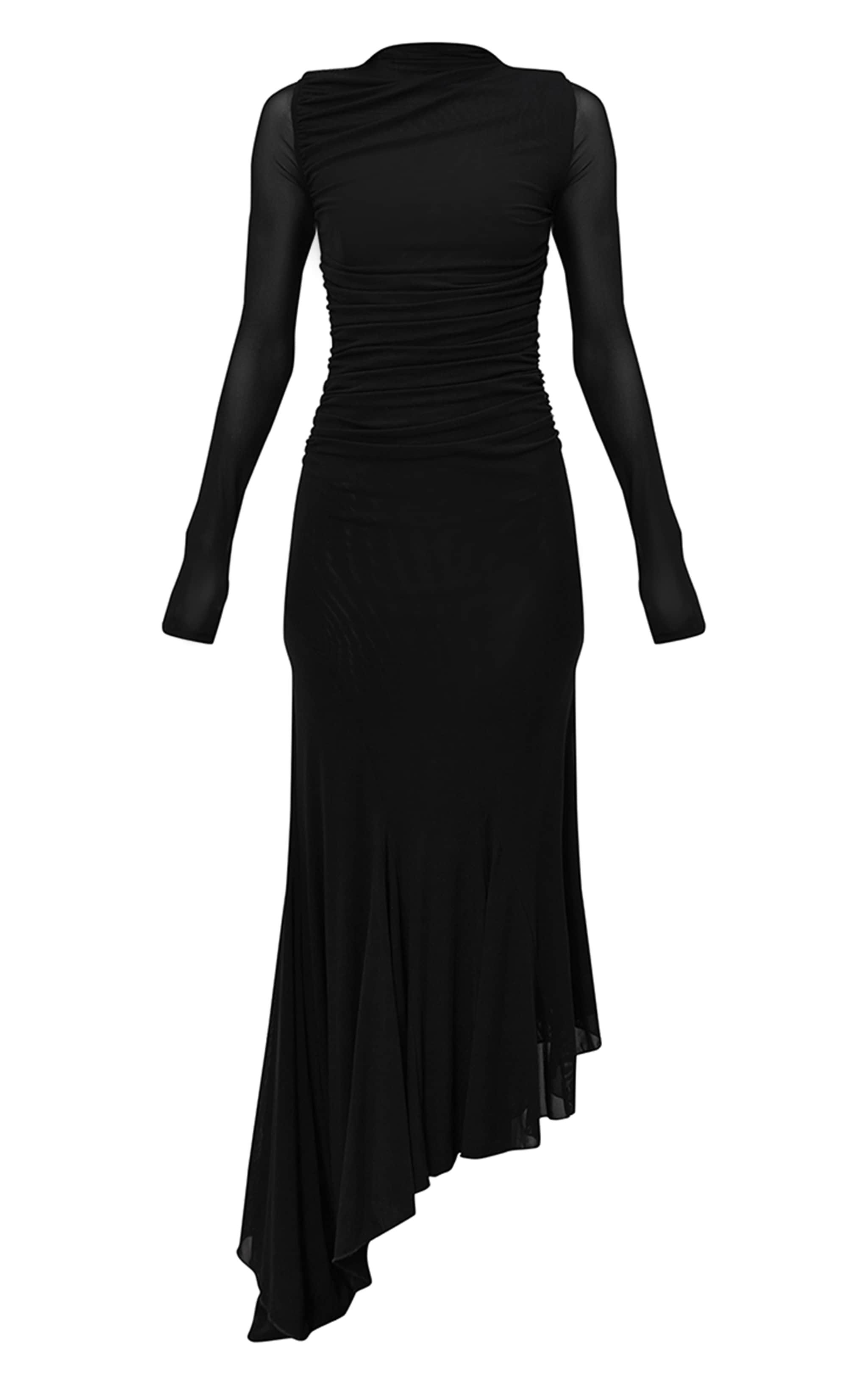 Black Mesh Long Sleeve High Neck Ruched Maxi Dress image 5