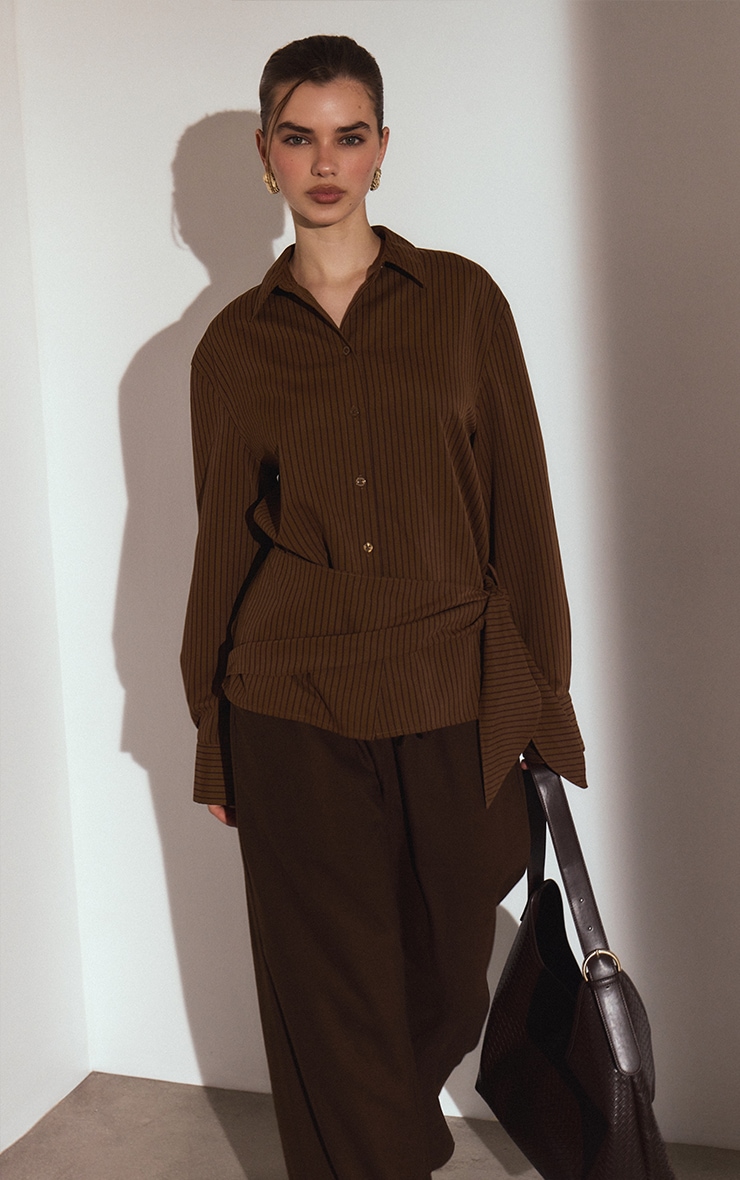 Brown Stripe Oversized Wrap Waist Shirt
