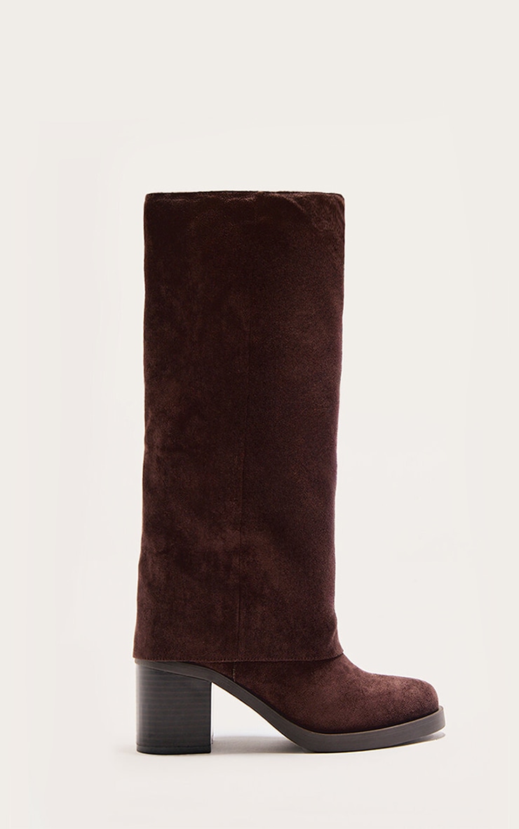 Chocolate Faux Suede Round Toe Fold Over Low Block Heel Boots image 2