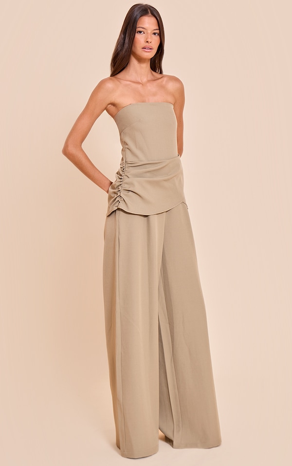 Light Khaki Woven Bandeau Draped Wide Leg Jumpsuit