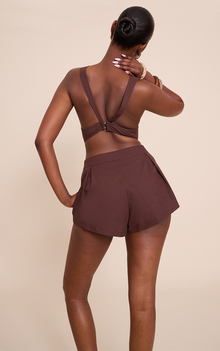 Dark Brown Linen Look Woven Open Back Top image 1