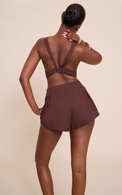 Dark Brown Linen Look Woven Open Back Top