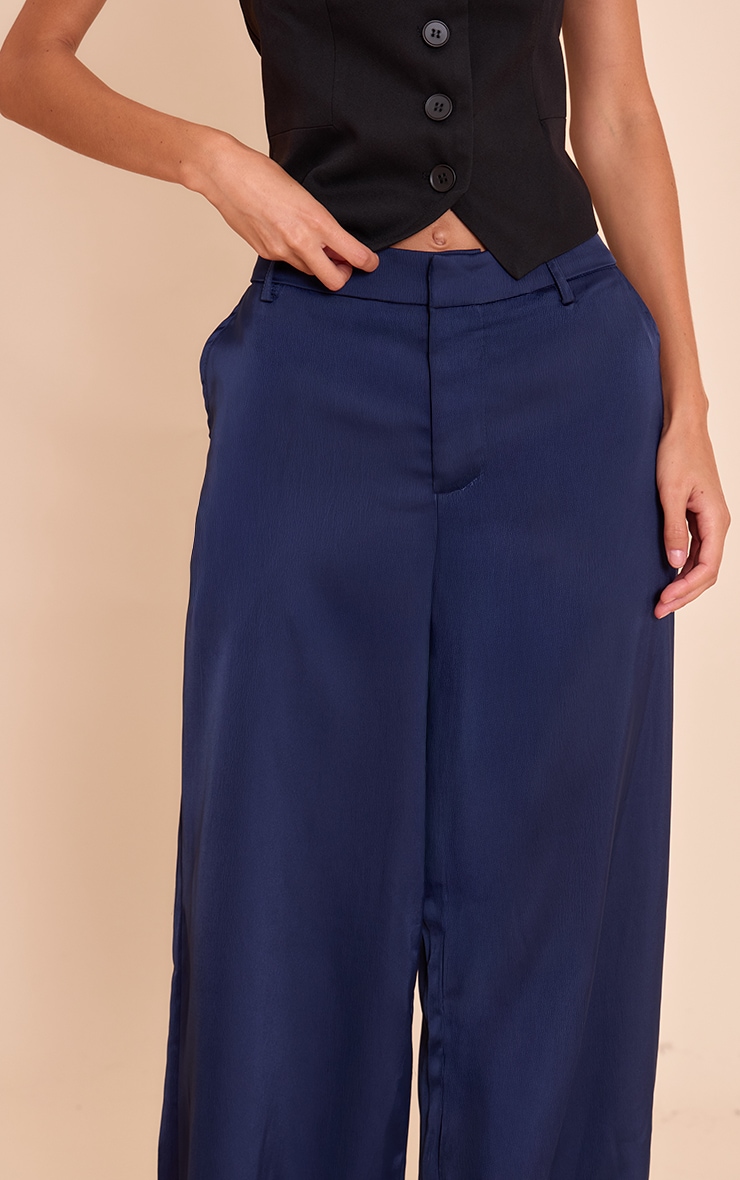 Navy Satin Tailored Detail Wide Leg Pants image 4