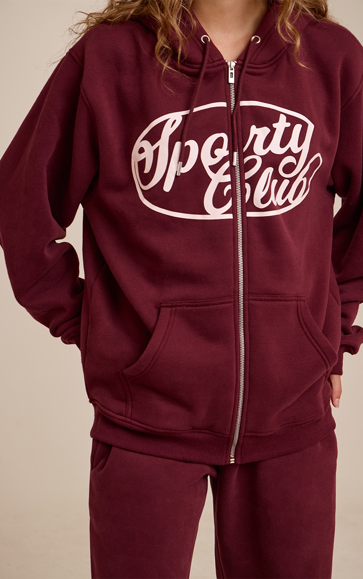 Hoodie oversize en coton polaire rouge vin imprimé "Sports Club" à zip image 4