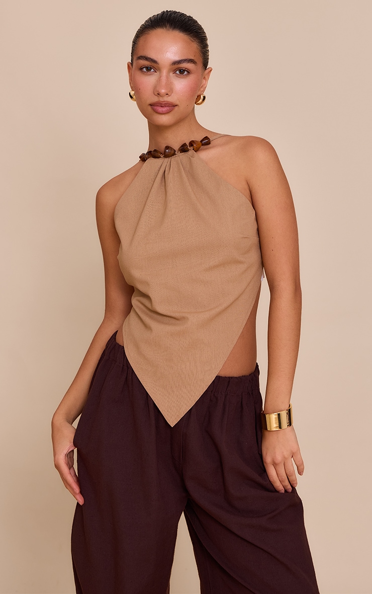 Light Brown Beaded Pointed Hem Long Top image 1