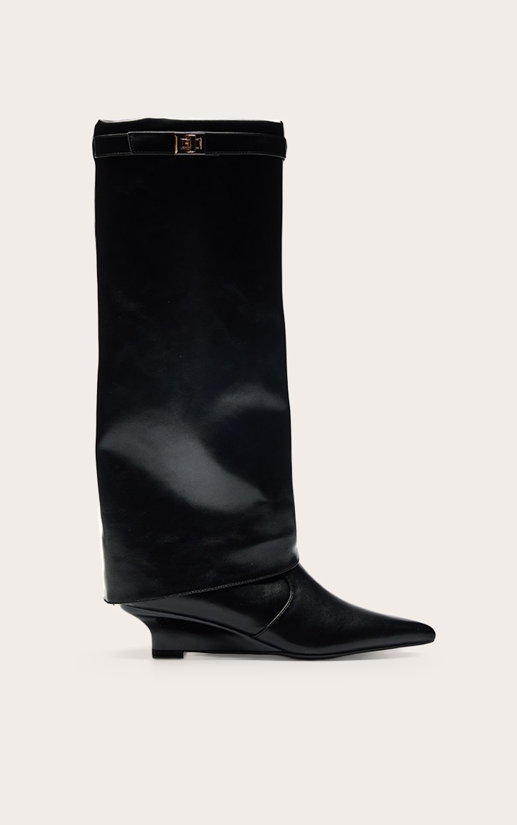 Black PU Kitten Wedge Knee High Fold Over Boots image 2