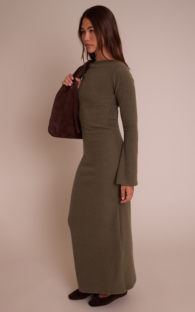 Khaki Brushed Tie Back Long Sleeve Maxi Dress image 3