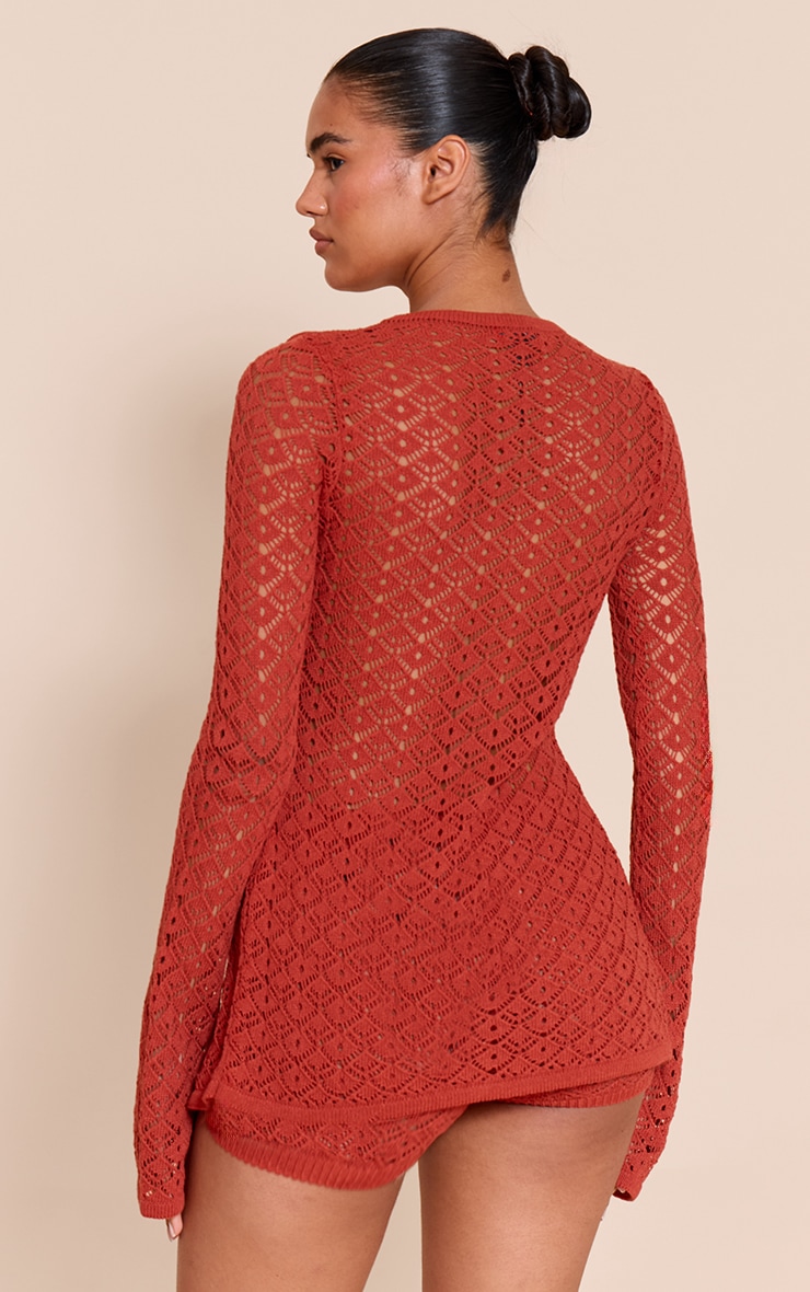 Rust Crochet Knit Long Sleeve Cardigan image 2