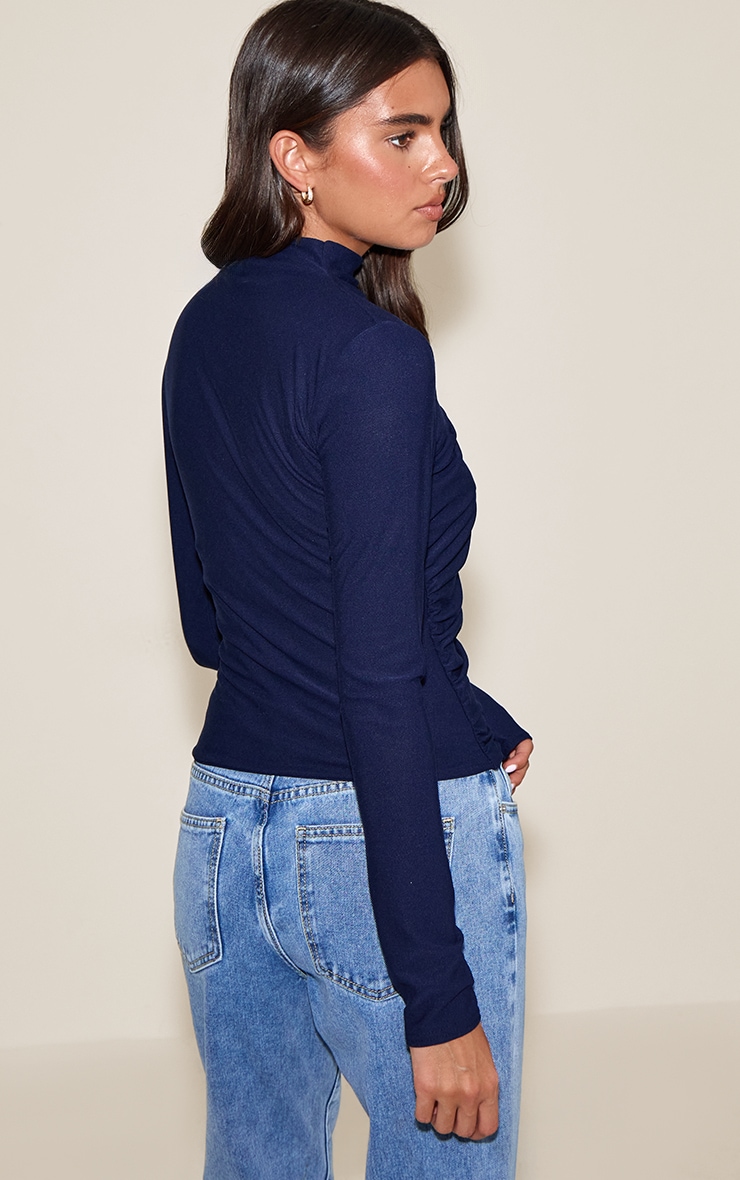 Navy Soft Touch High Neck Ruched Detail Long Sleeve Top  image 2