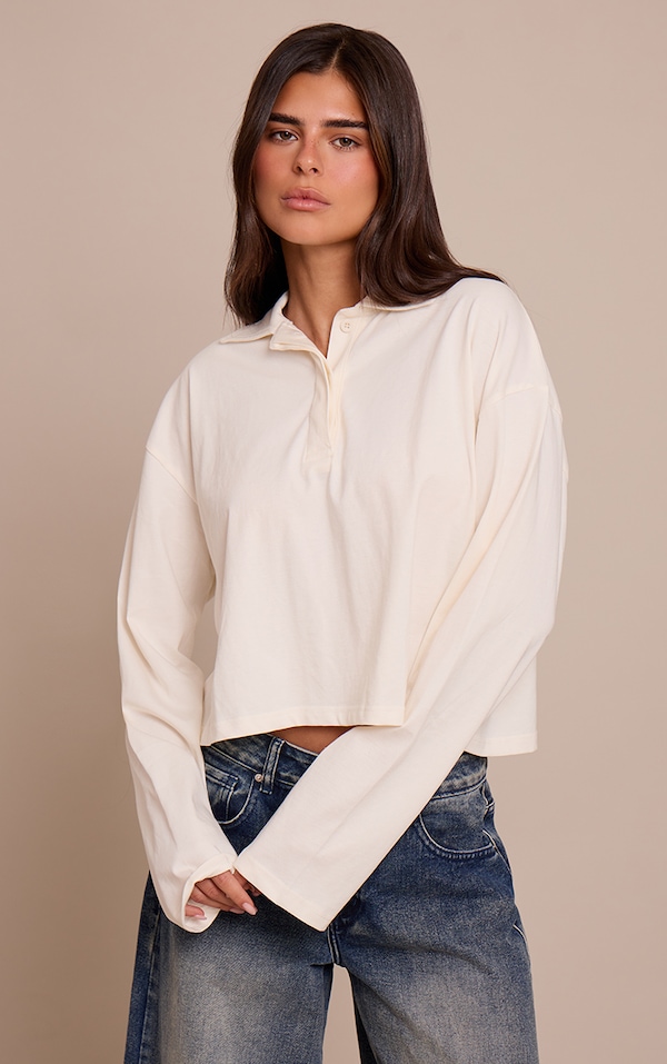 Cream Cotton Polo Collar Long Sleeve Cropped Top