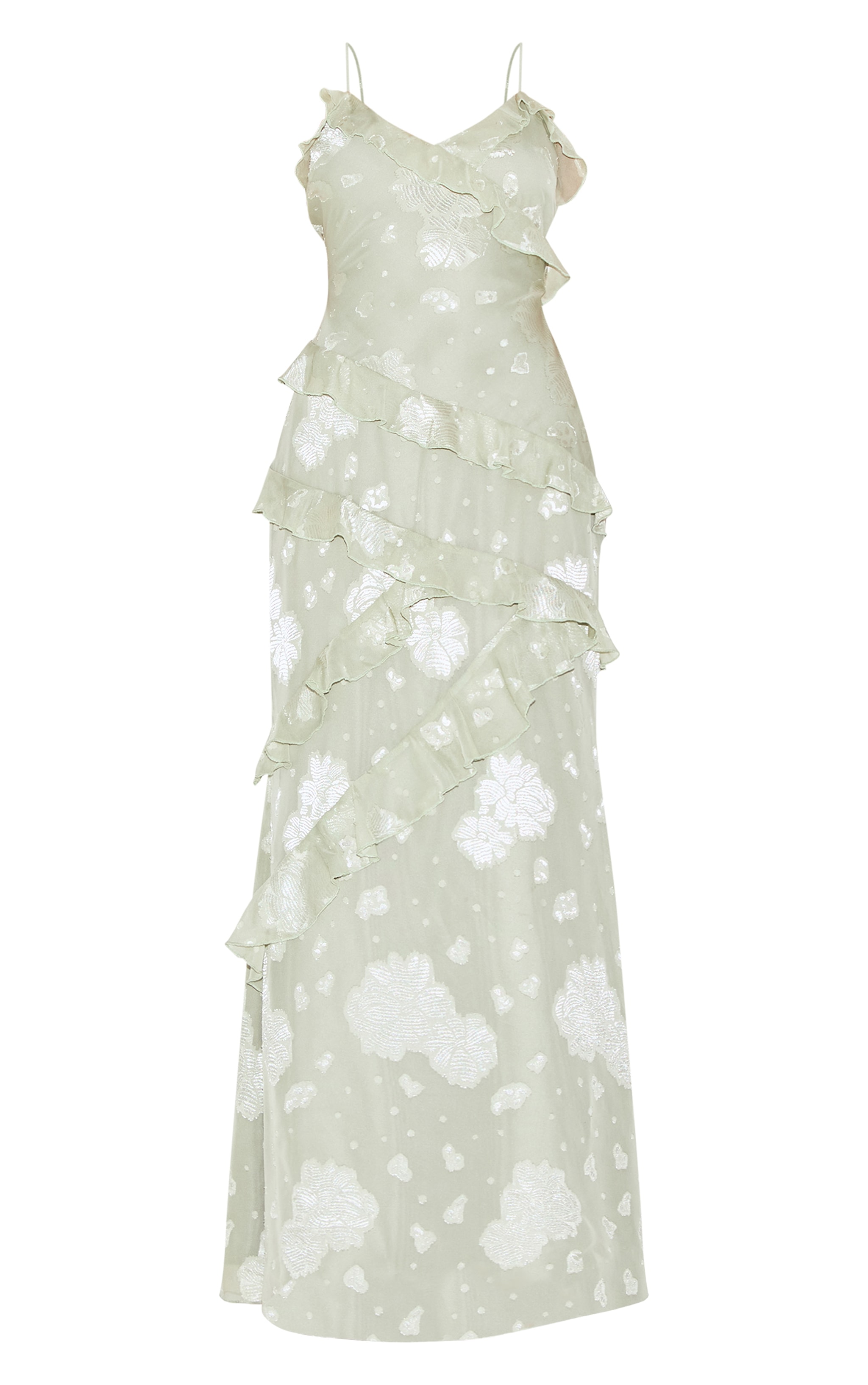 Robe longue vert sauge brodée fleurie à volants image 5