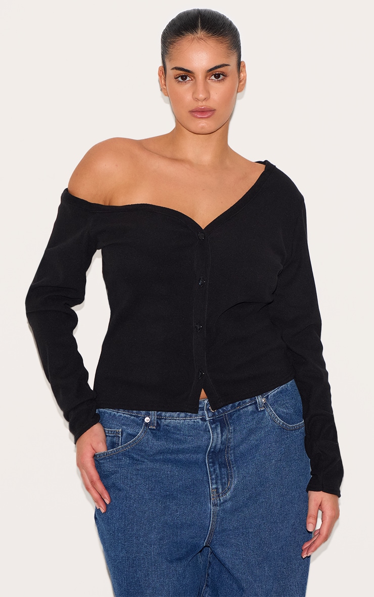 Plus Black Soft Touch Rib Asymmetric Detail Long Sleeve Top image 1