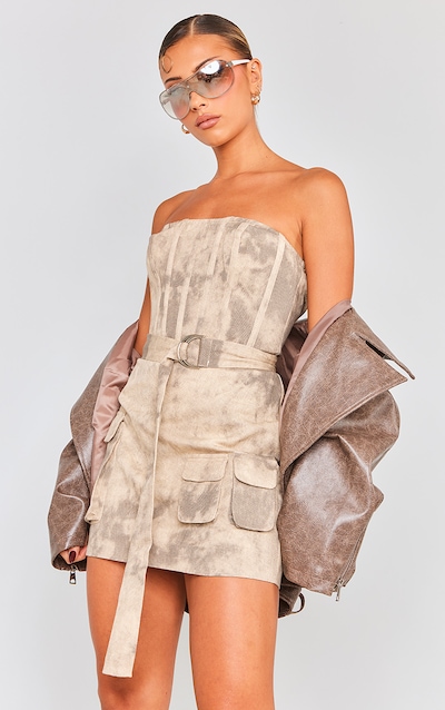 Sand Acid Wash Corset Belted Pocket Bodycon Dress