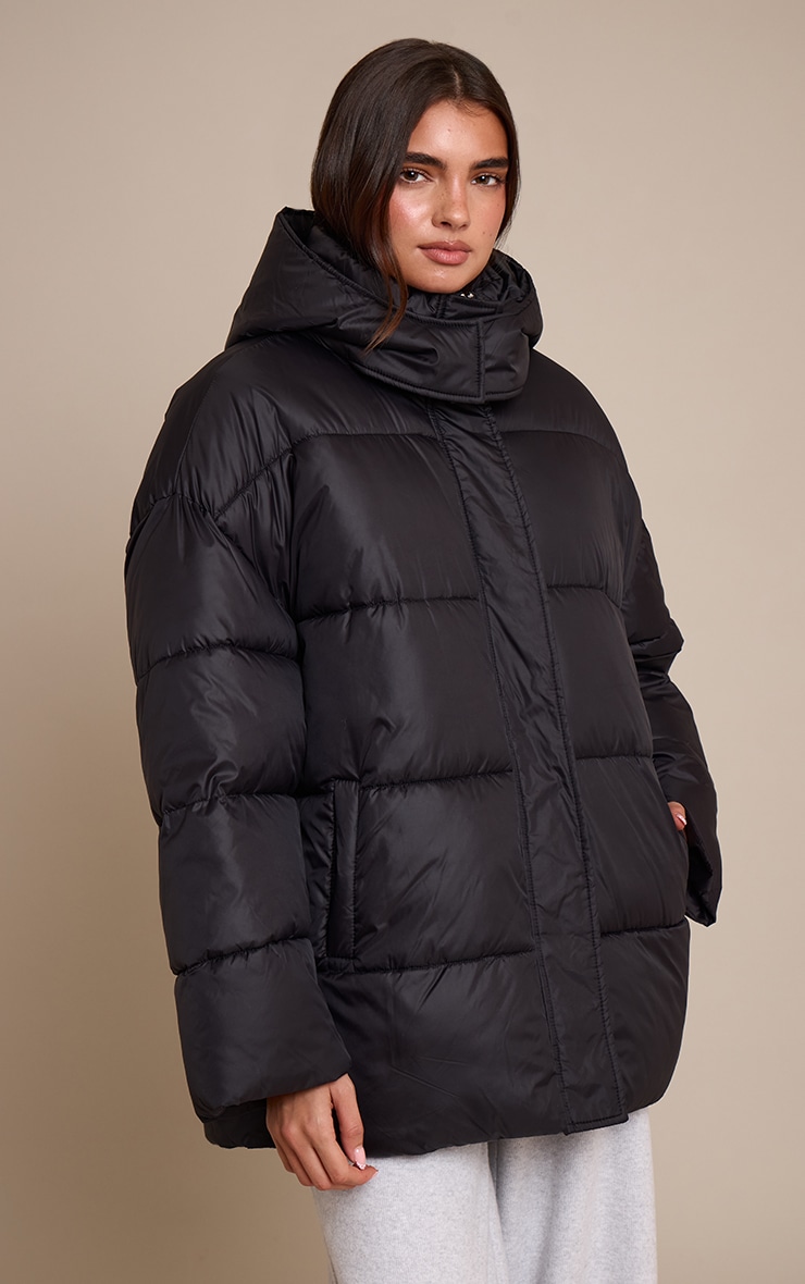 Black Oversized Hooded Puffer Jacket image 1