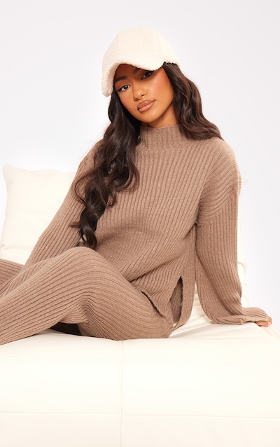 Petite Pull oversize en maille tricot côtelée café au lait