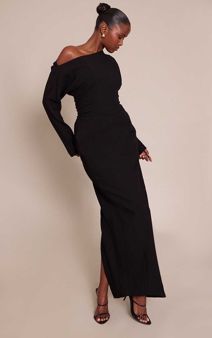 PLT Label Black Asymmetric Batwing Sleeved Cinched Waist Maxi Dress image 3