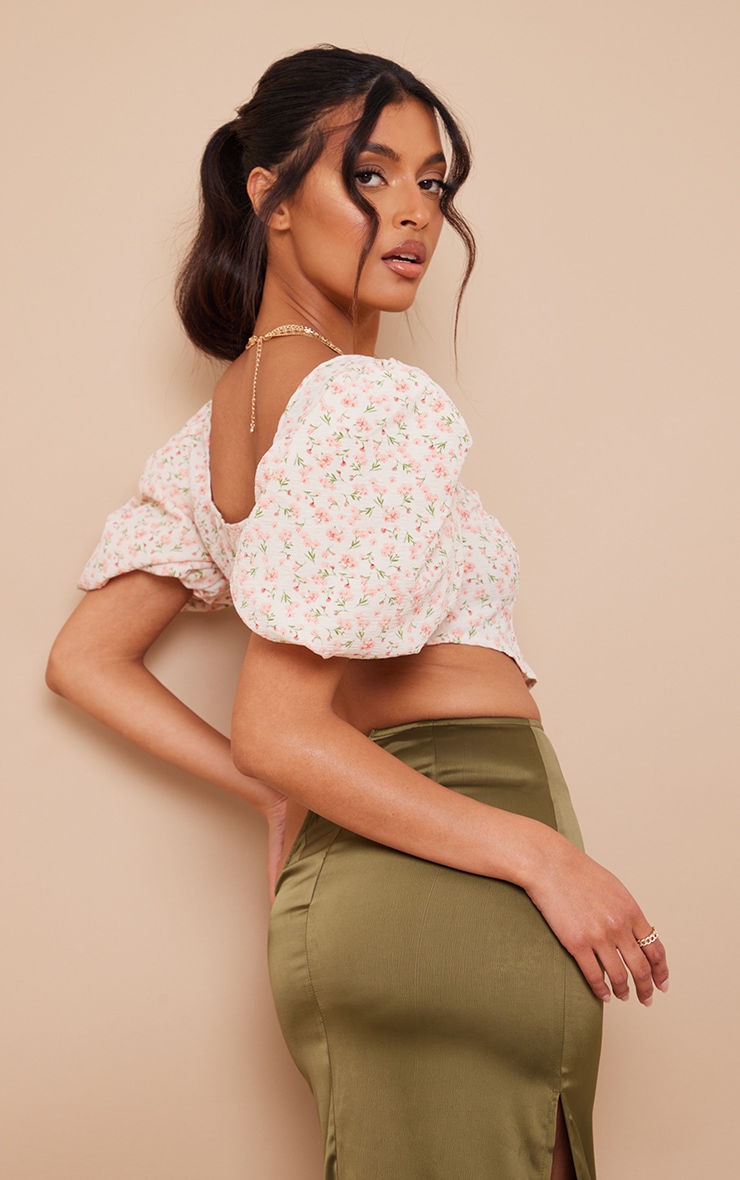 Baby Pink Floral Woven Puff Short Sleeve Crop Top image 2