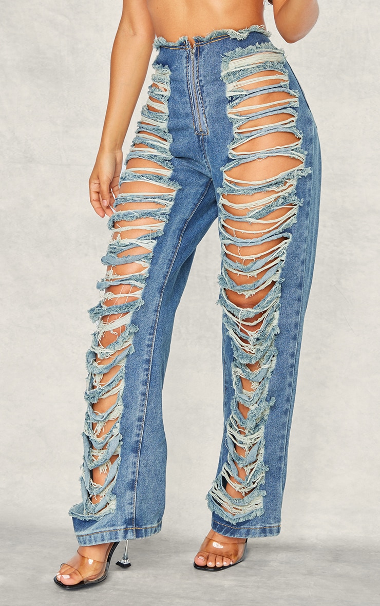 Petite Blue Denim Extreme Ripped Straight Leg Jeans image 2