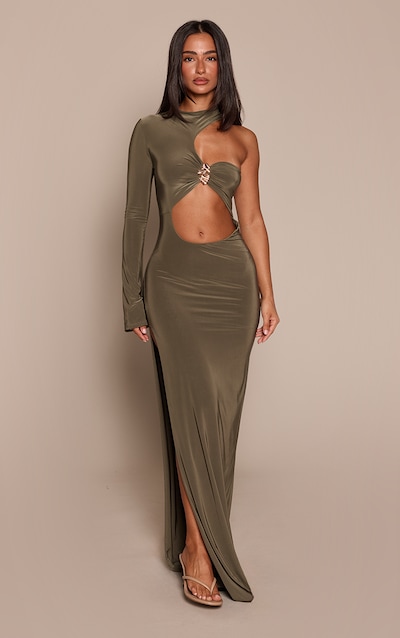 Petite Khaki Cut Out Trim Detail Long Sleeve Slinky Maxi Dress