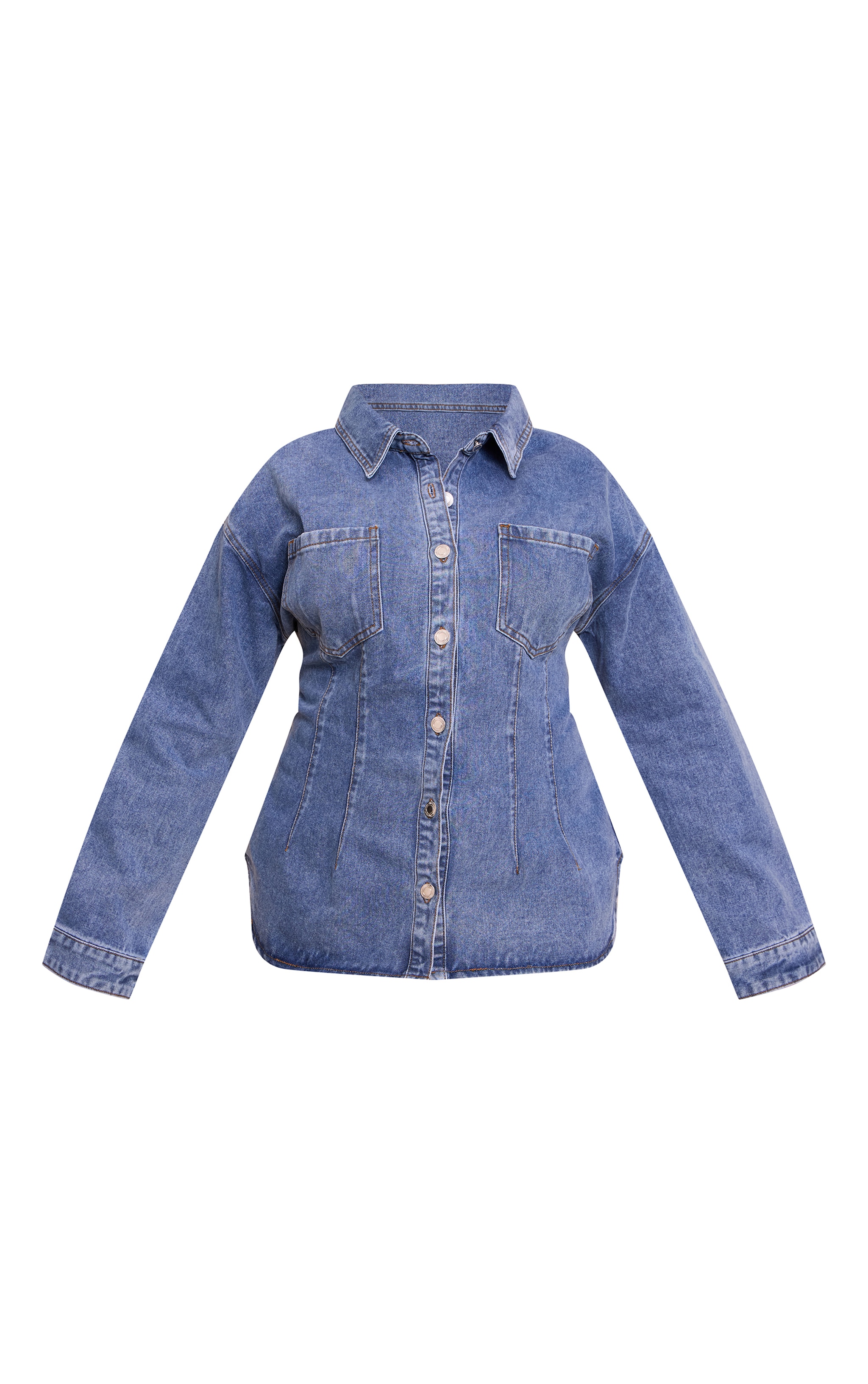 Plus Mid Blue Wash Seam Detail Cinch Waist Longline Shirt image 5