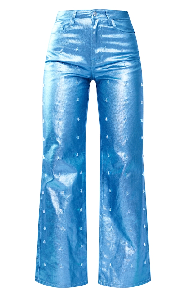 Blue Embellished Metallic Wide Leg Jeans PrettyLittleThing USA
