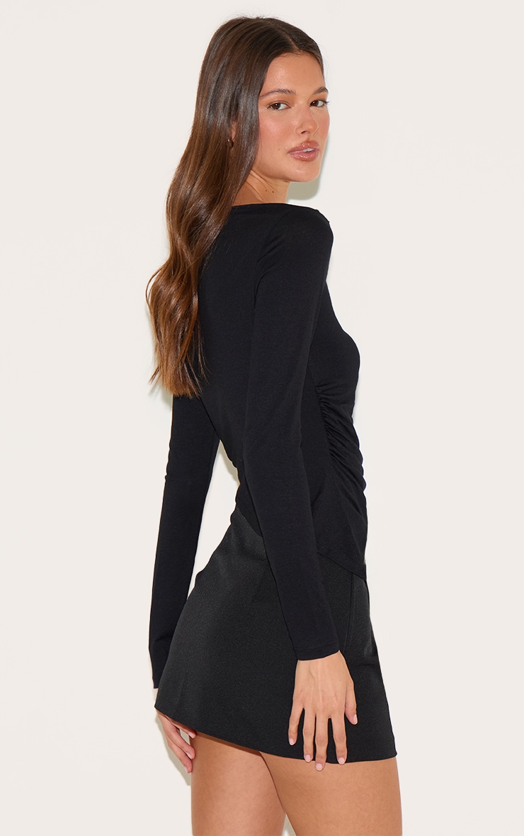 Black Ruched Detail Asymmetric Hem Long Sleeve Top image 2