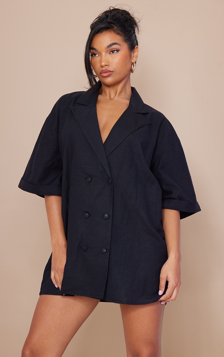 Black Linen Look Oversized Double Breasted Short Sleeve Blazer Dress image 3