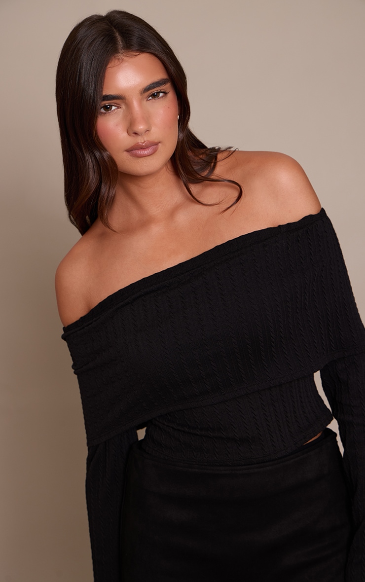 Black Textured Cable Fold Over Bardot Long Sleeve Top