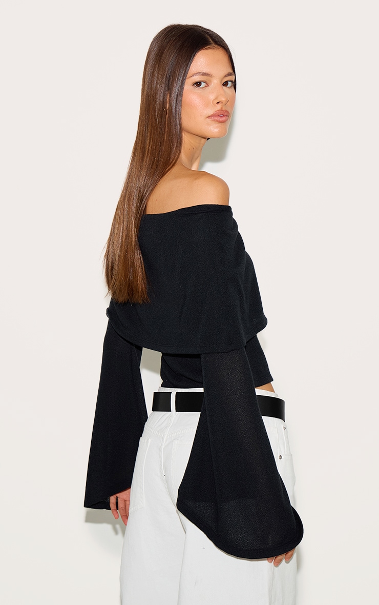 Black Textured Fold Over Bardot Extreme Flute Sleeve Long Top image 2
