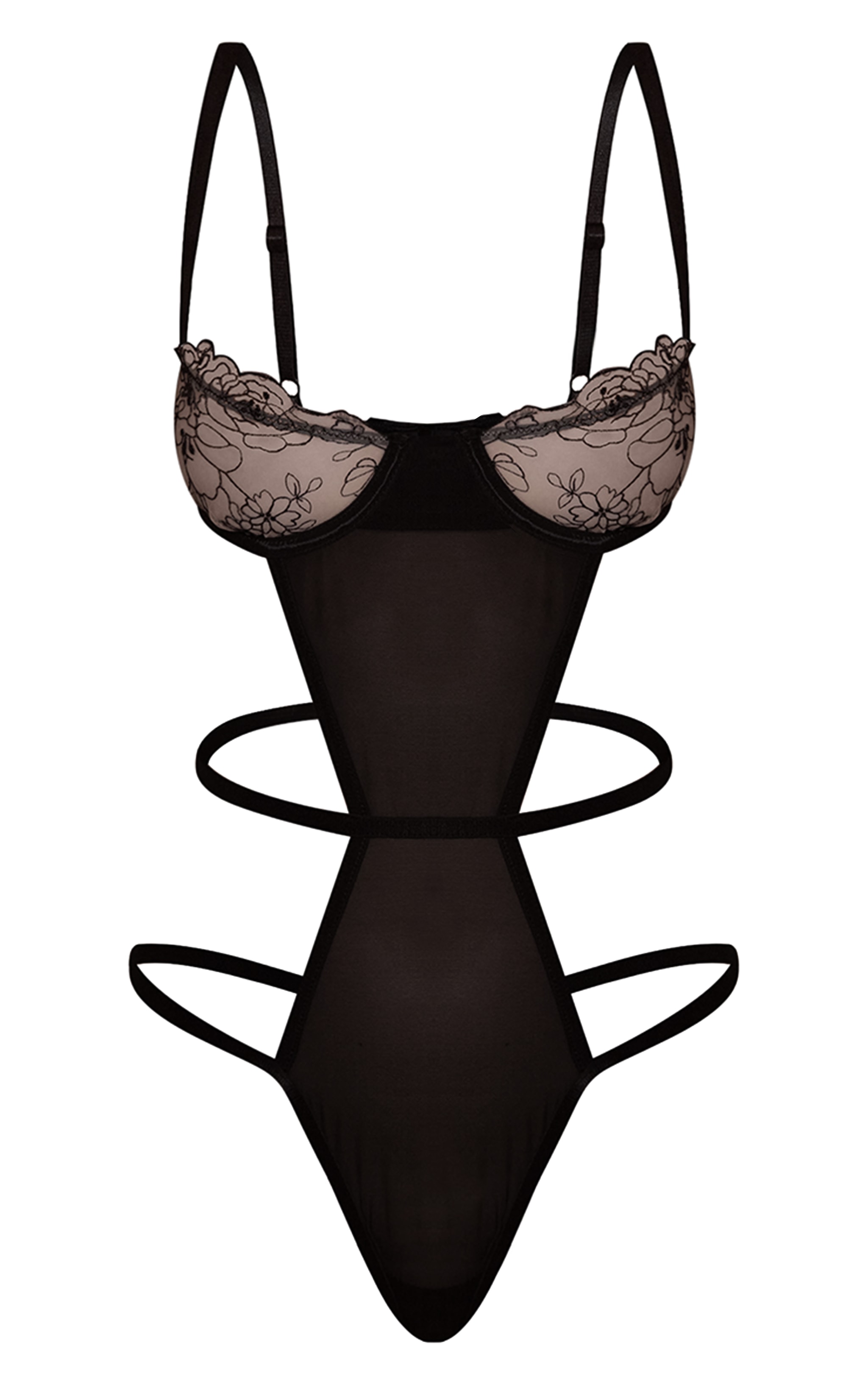 Black Sheer Floral Lace Detail Bodysuit image 5