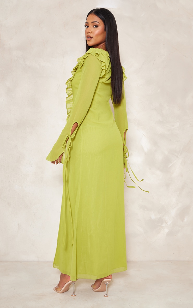 Tall Lime Frilled Long Sleeve Maxi Dress image 2