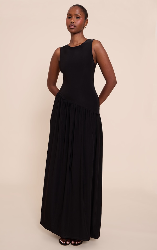 Robe longue doublée douce noire à taille tombante asymétrique