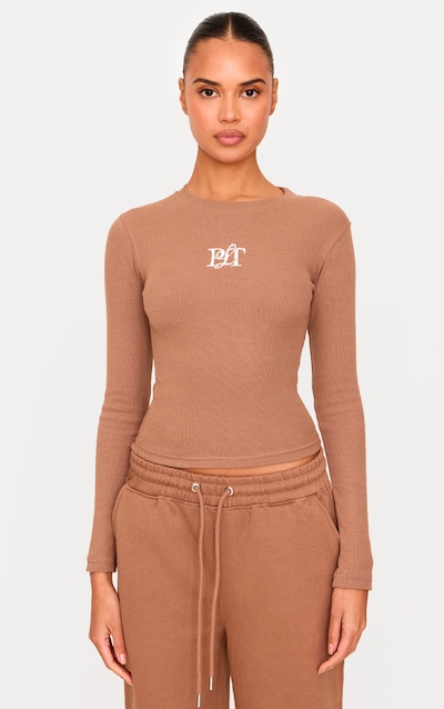 PRETTYLITTLETHING Taupe Ribbed Embroidered Long Sleeve T Shirt