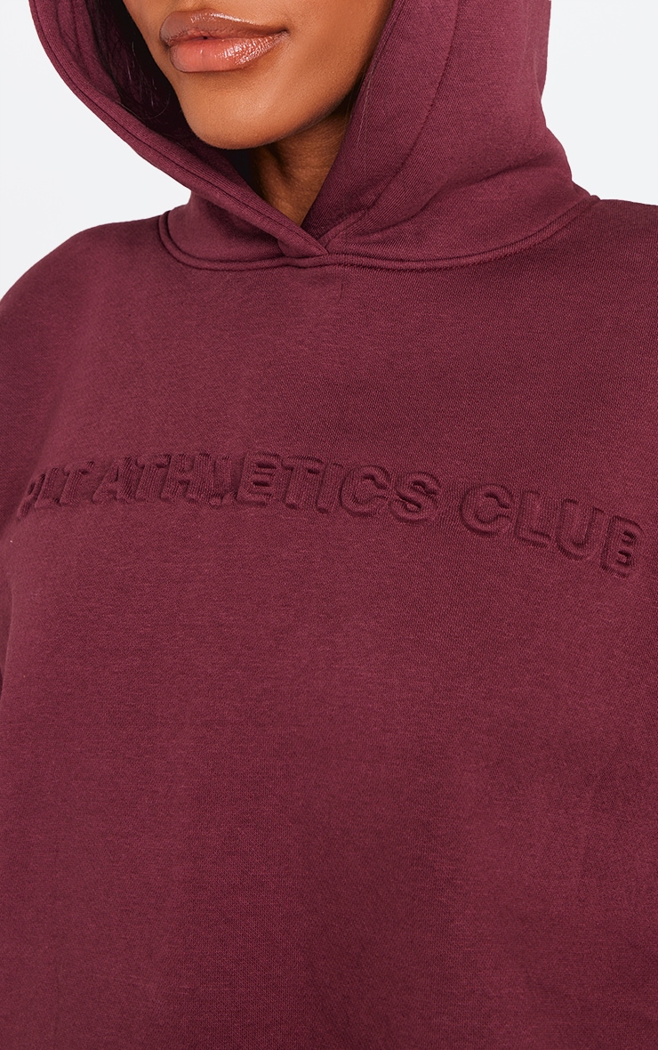 PRETTYLITTLETHING Burgundy Athletics Club Embossed Graphic Oversized Hoodie image 4