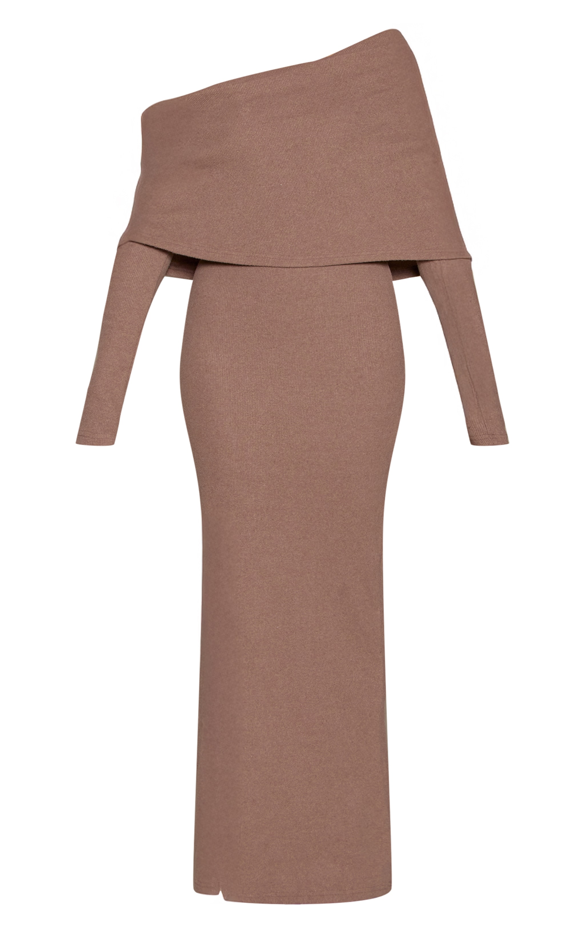 Taupe Ribbed Bardot Oversized Fold Over Maxi Dress image 5