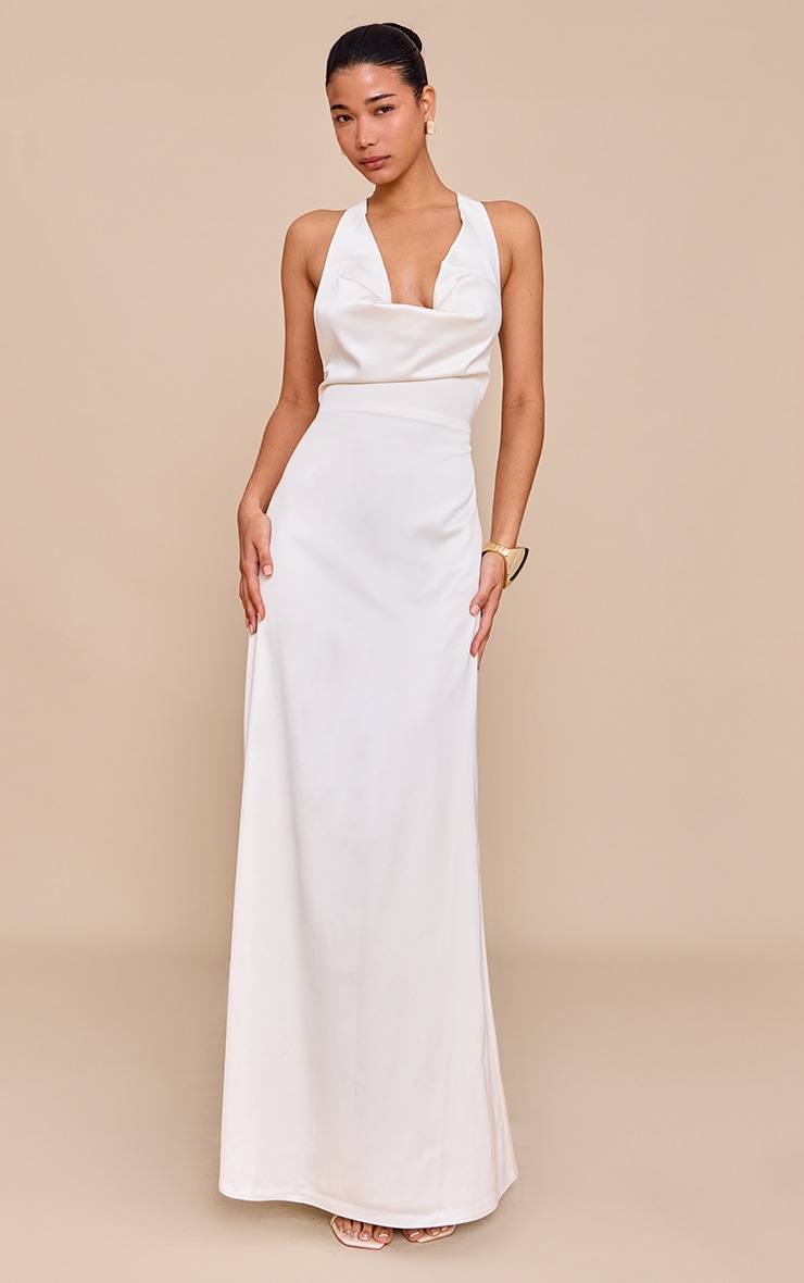 Cream Satin Cowl Neck Cross Back Maxi Dress image 1