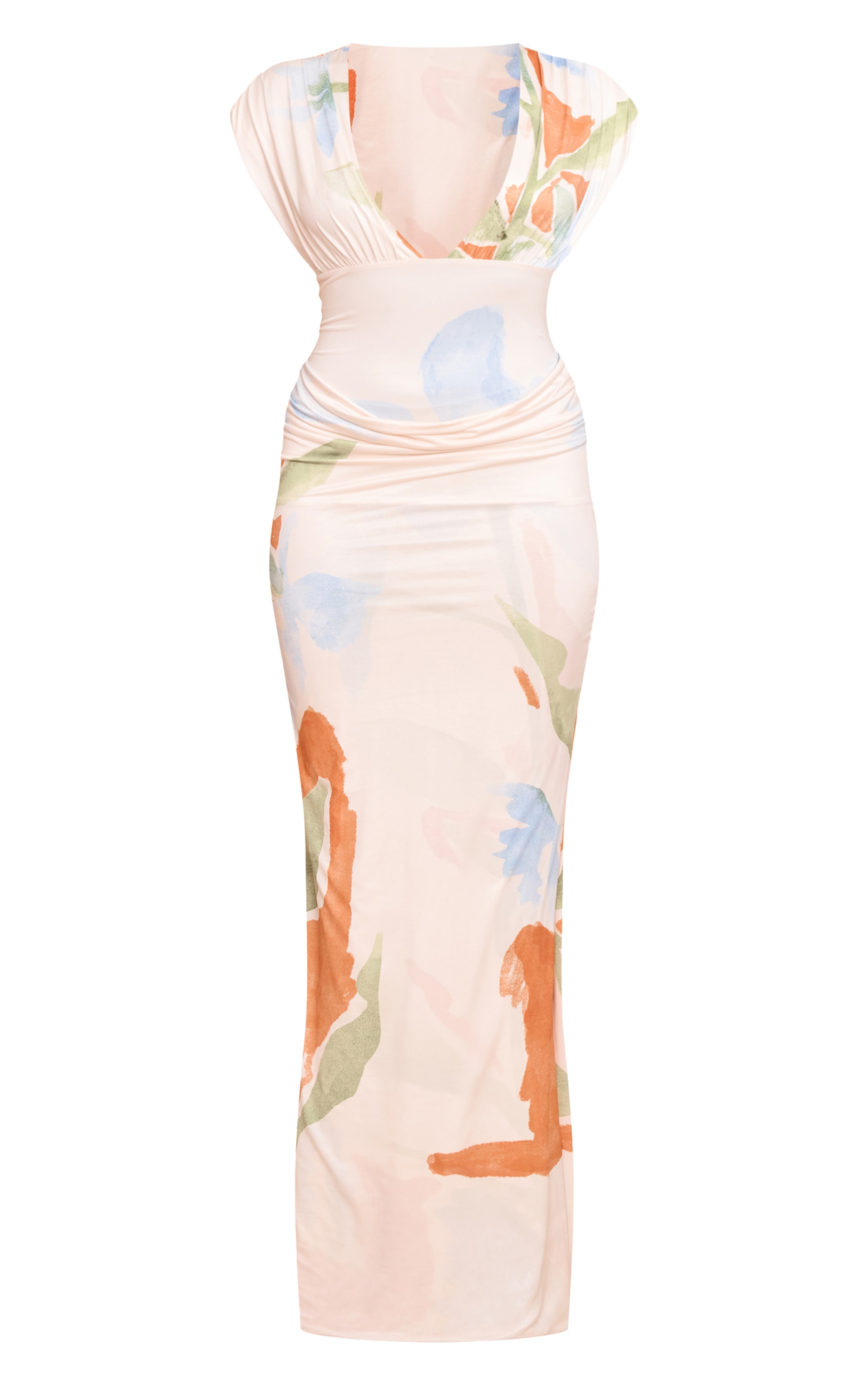 Cream Printed Double Layer Plunge Ruched Shoulder Drape Waist Maxi Dress image 5