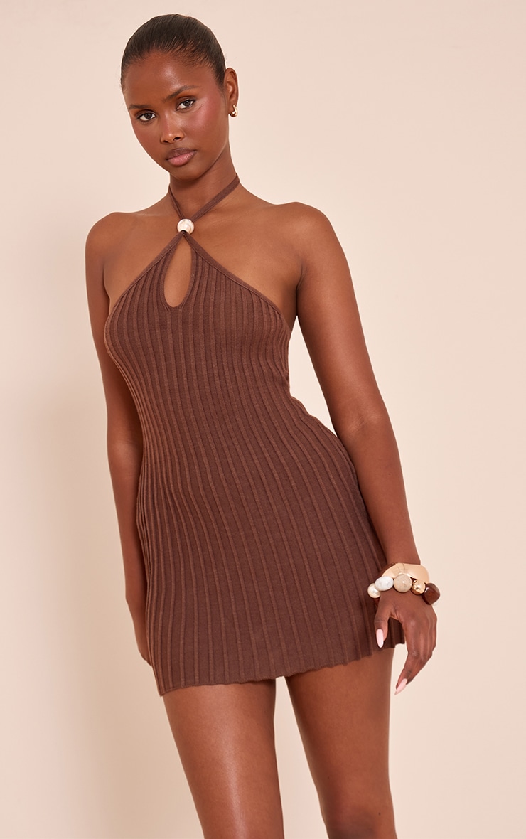 Chocolate Halterneck Bead Detail Knit Mini Dress image 1