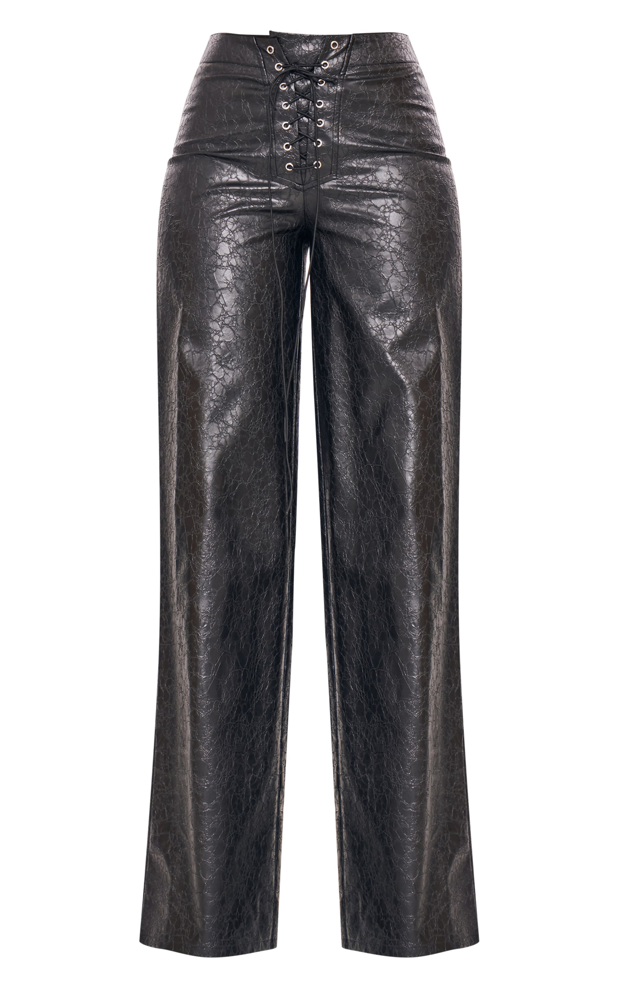 Tall Black Faux Leather Lace Up Front Straight Leg Trousers image 5