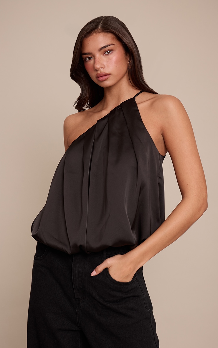 Black One Shoulder Satin Puffball Pleat Detail Top image 1