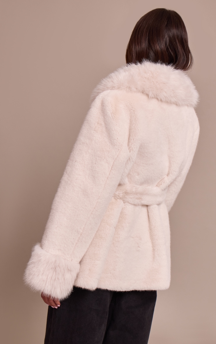 Cream Plush Faux Fur Self Tie Coat image 2