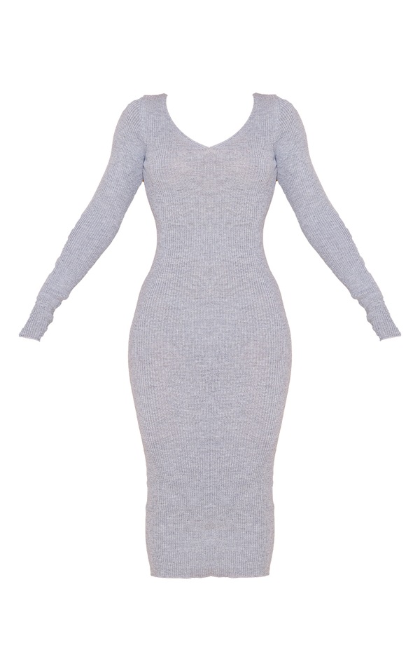 Grey V Neck Knit Midi Dress | Knitwear | PrettyLittleThing USA