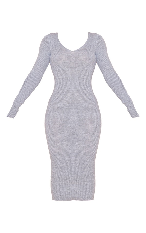 Grey V Neck Knit Midi Dress image 6