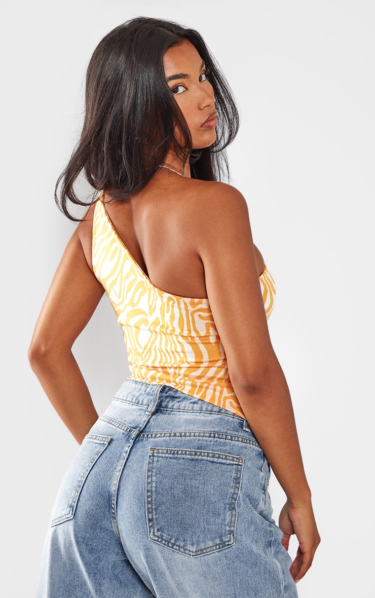 Orange Jacquard One Shoulder Asymmetric Top Tops PLT UAE