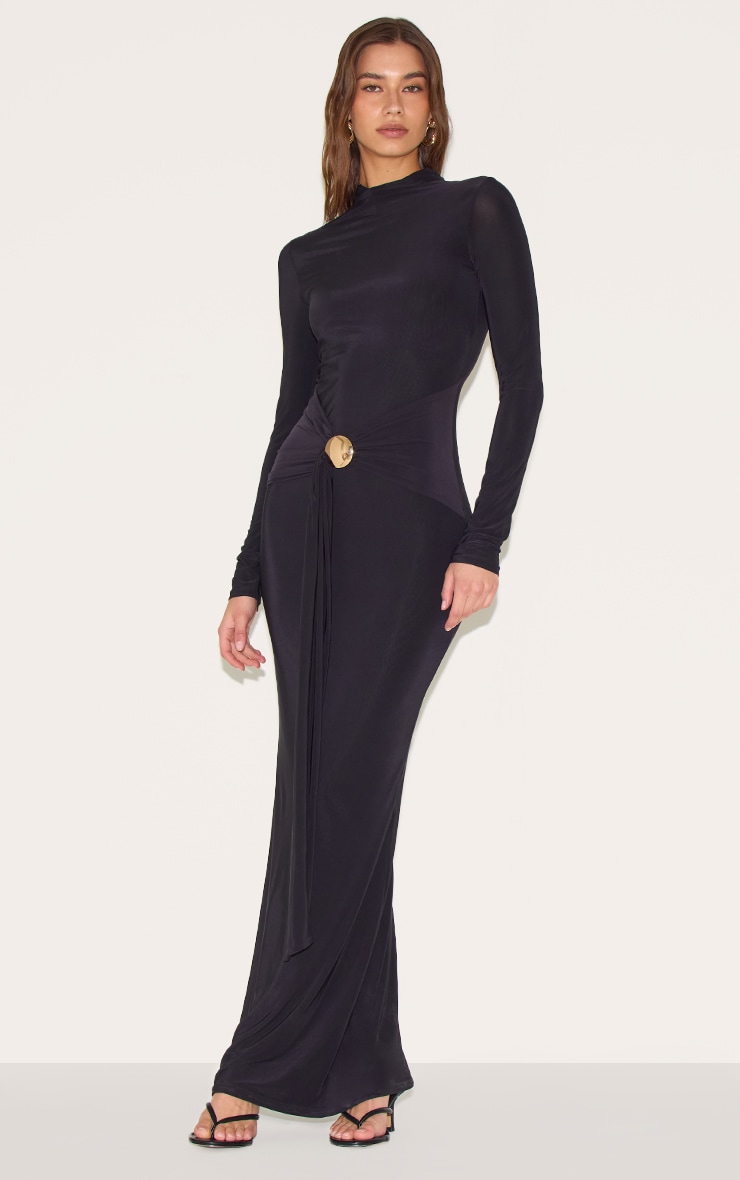 Robe longue moulante noire à détail ceinture image 1