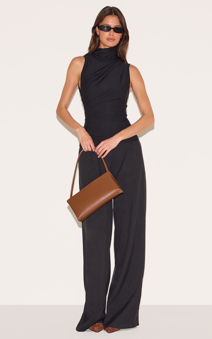 Black Soft Touch Ruched Side High Neck Top image 3