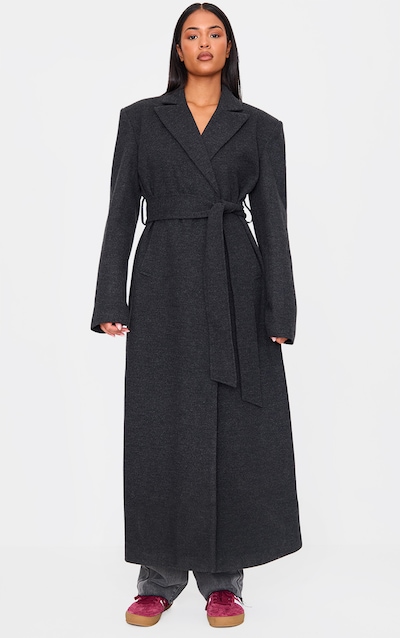 Tall Black Herringbone Self Tie Maxi Coat