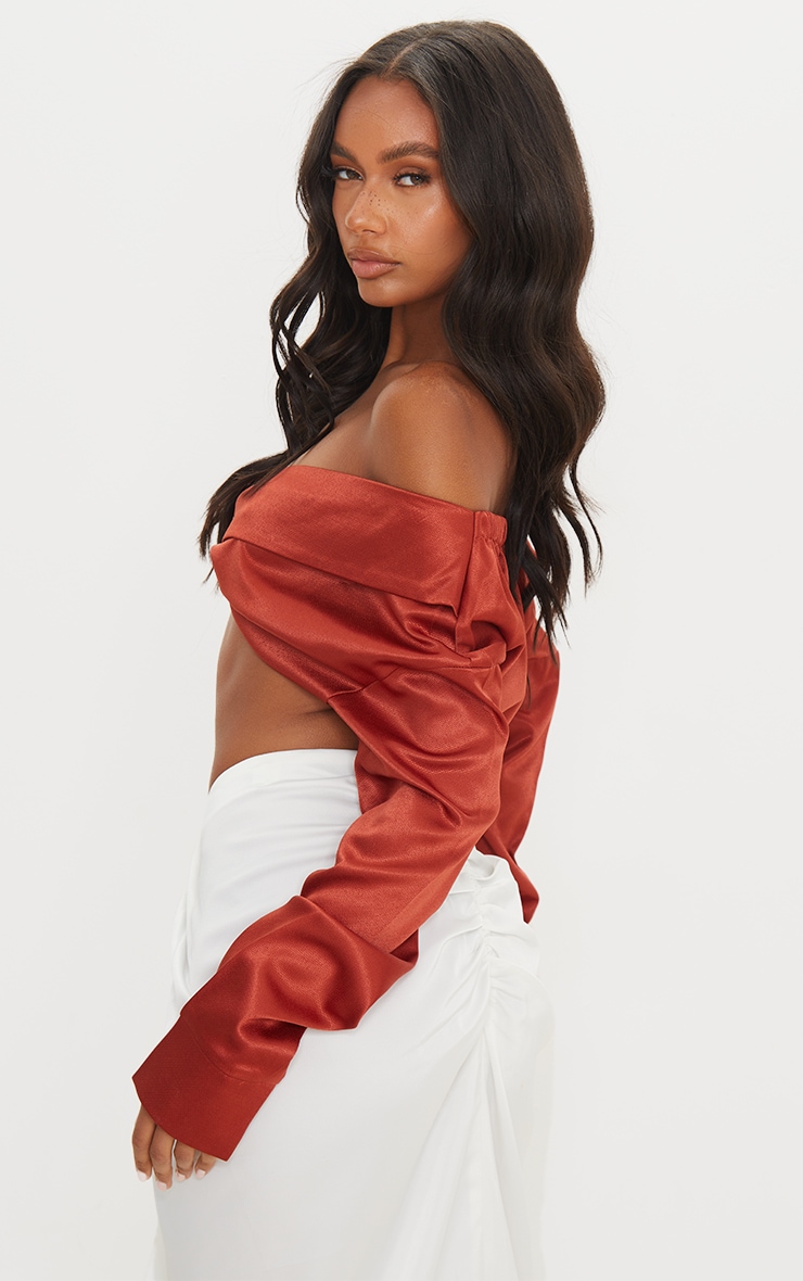 Brown Satin Bardot Twist Front Crop Blouse image 2