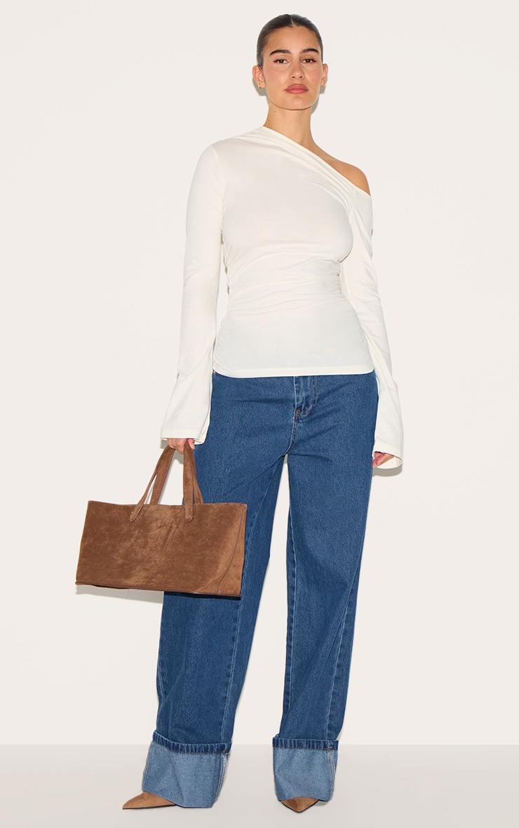 Cream Asymmetric Ruched Flared Sleeve Long Top image 3