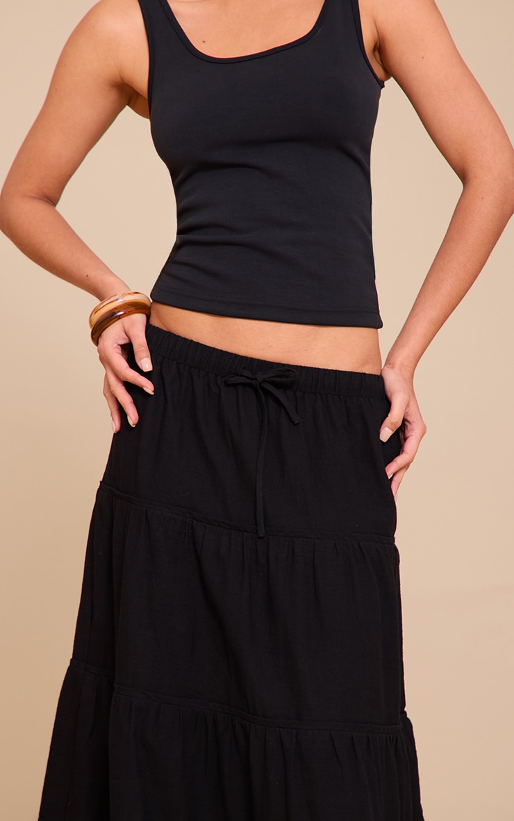 Black Cotton Tiered Drawstring Waist Maxi Skirt image 4